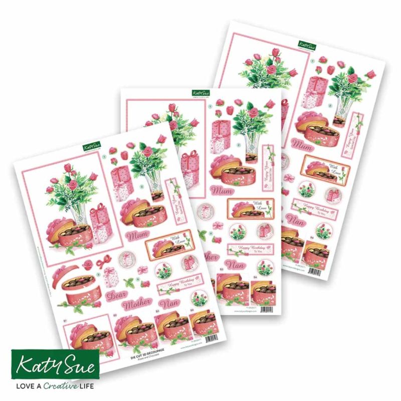 Roses & Chocolate 3pk Die Cut 3d Decoupage Craft Sheets by Katy Sue