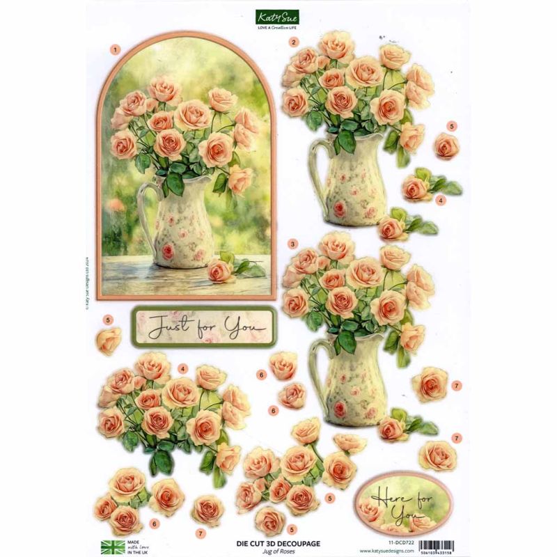 Jug of Roses 3pk Die Cut 3d Decoupage Craft Sheets by Katy Sue