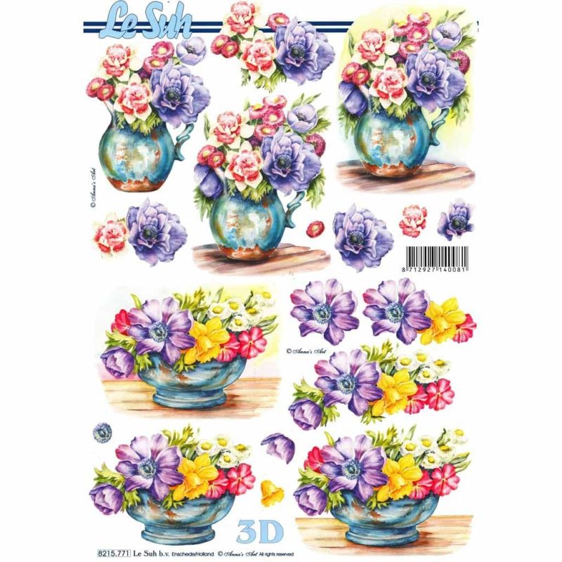 Anemone & Spring Flowers In Bowls 3d Decoupage Craft Sheet