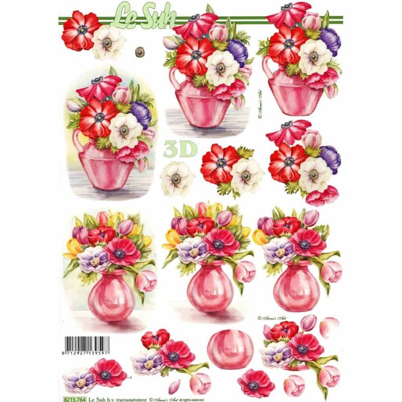 Anemone & Spring Flowers In Pink Vase 3d Decoupage Sheet