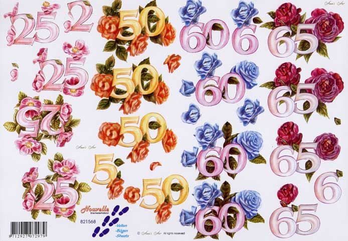 Anniversary Numbers & Flowers 3d Decoupage Sheet from Le Suh