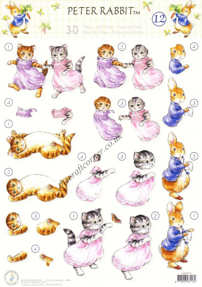 Beatrix Potter's Peter Rabbit 12 Peter Rabbit and Kittens 3D Decoupage Sheet.