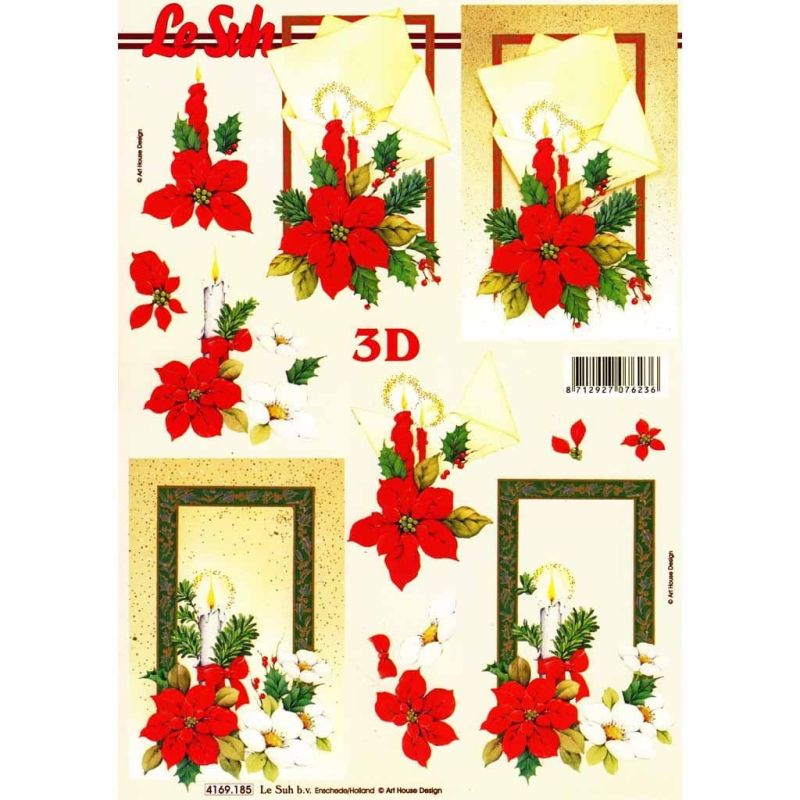 Candles, Poinsettia & Christmas Rose Flower Designs 3d Decoupage Sheet