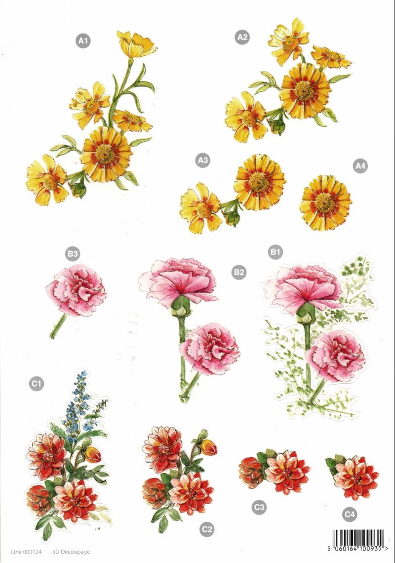 Carnation & Coreopsis Die Cut 3d Decoupage Sheet