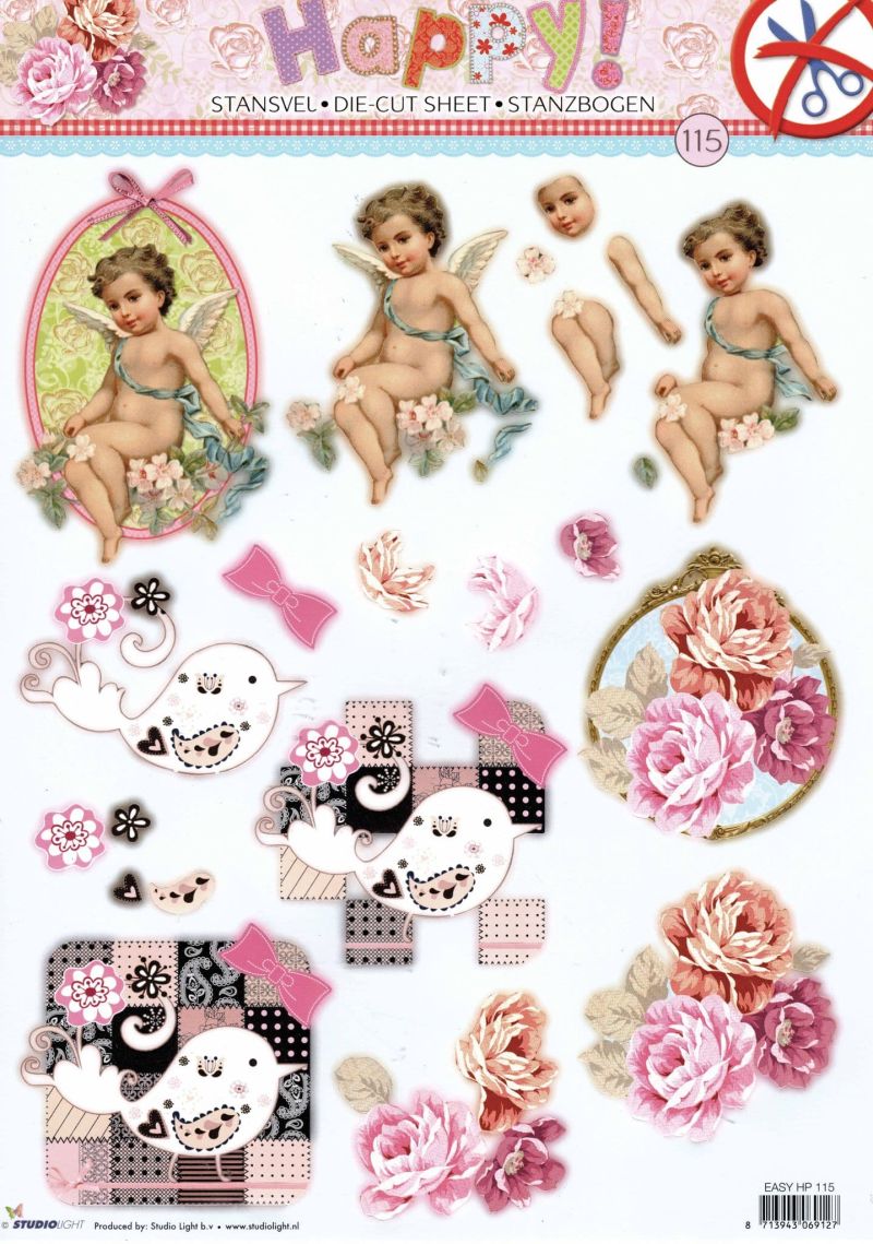 Cherub, Bird and Roses Happy Designs Die Cut 3d Decoupage Sheet - NO CUTTING