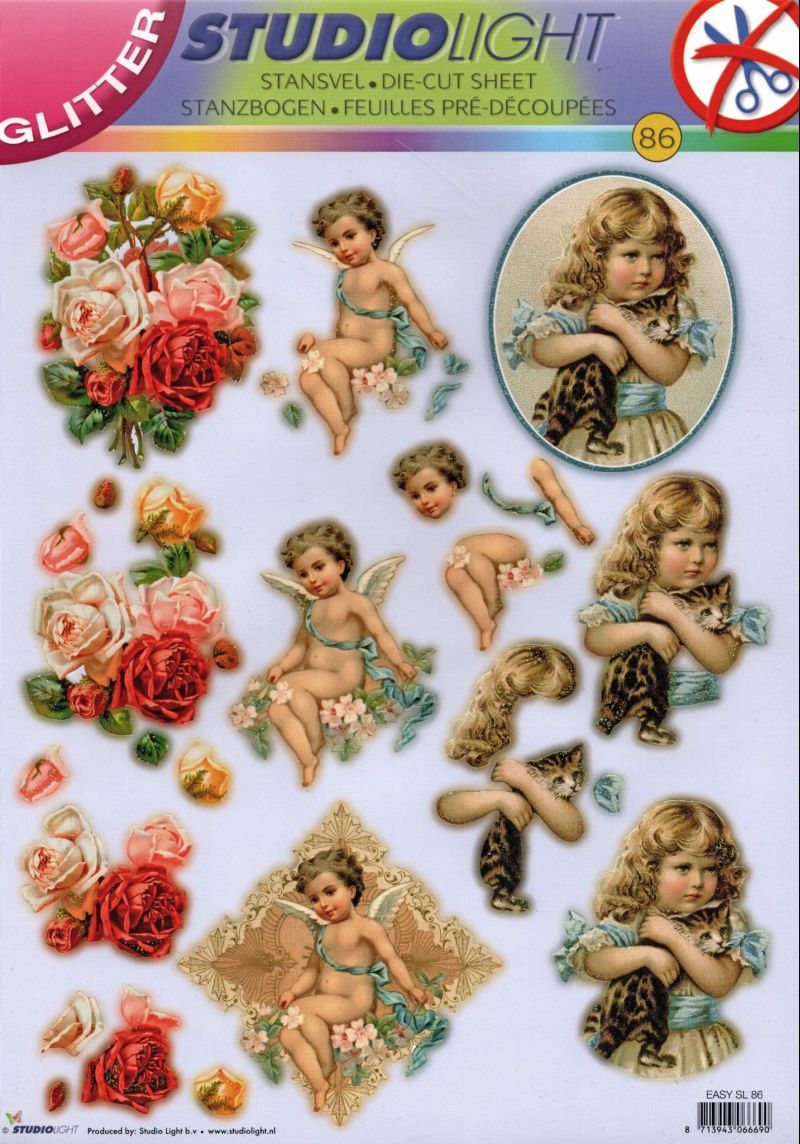 Cherub, Roses & a Little Girl with Her Cat 3D Decoupage Die Cut Sheet - No Cutting Required