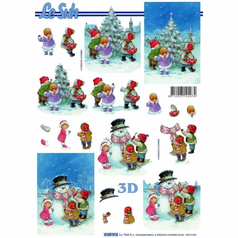 Children Making Snowmen 3d Decoupage Sheet