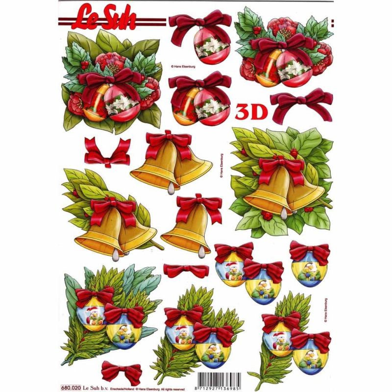 Christmas Bells & Baubles Die Cut 3d Decoupage Sheet - NO CUTTING