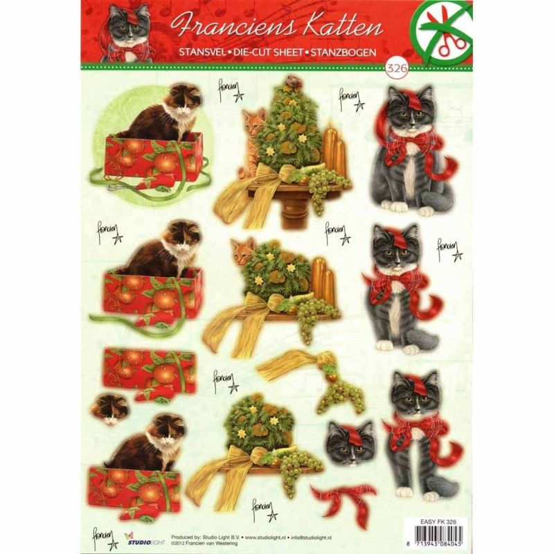 Christmas Cats & Ribbons Die Cut 3d Decoupage Sheet - NO CUTTING