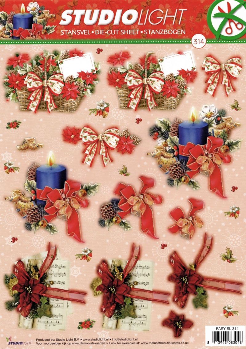 Christmas Decorations Including A Candle & A Basket of Flowers Die Cut 3d Decoupage Sheet