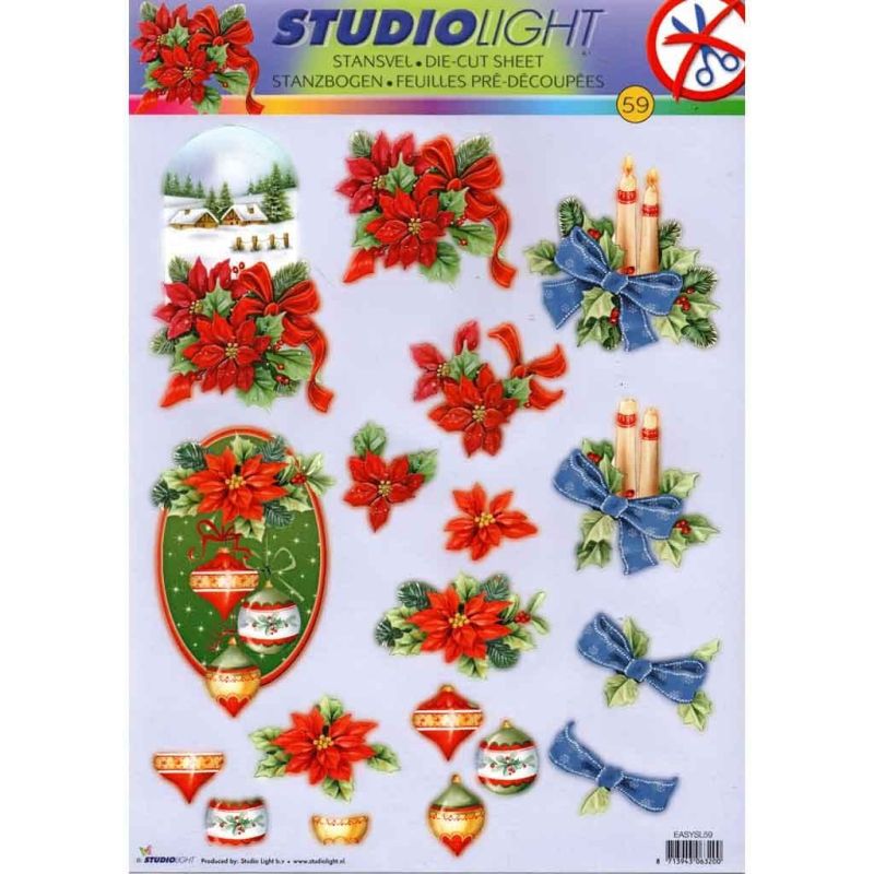 Christmas Decorations With Poinsettias Die Cut 3d Decoupage Craft Sheet