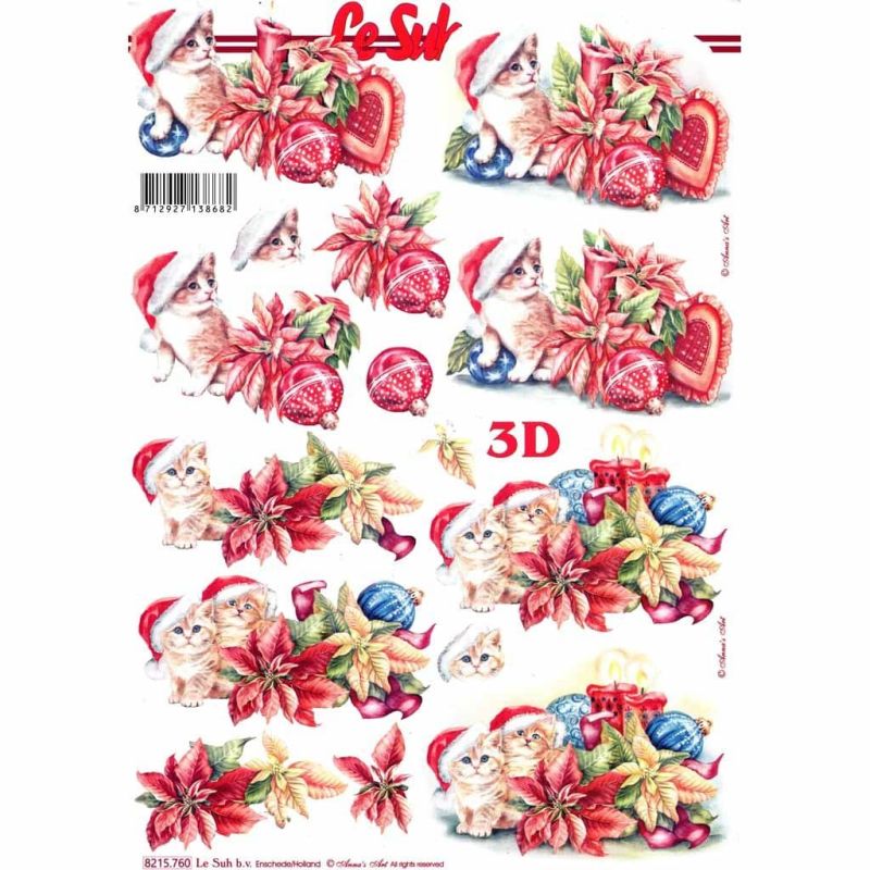 Christmas Kittens & Baubles 3D Decoupage Craft Sheet From Le Suh