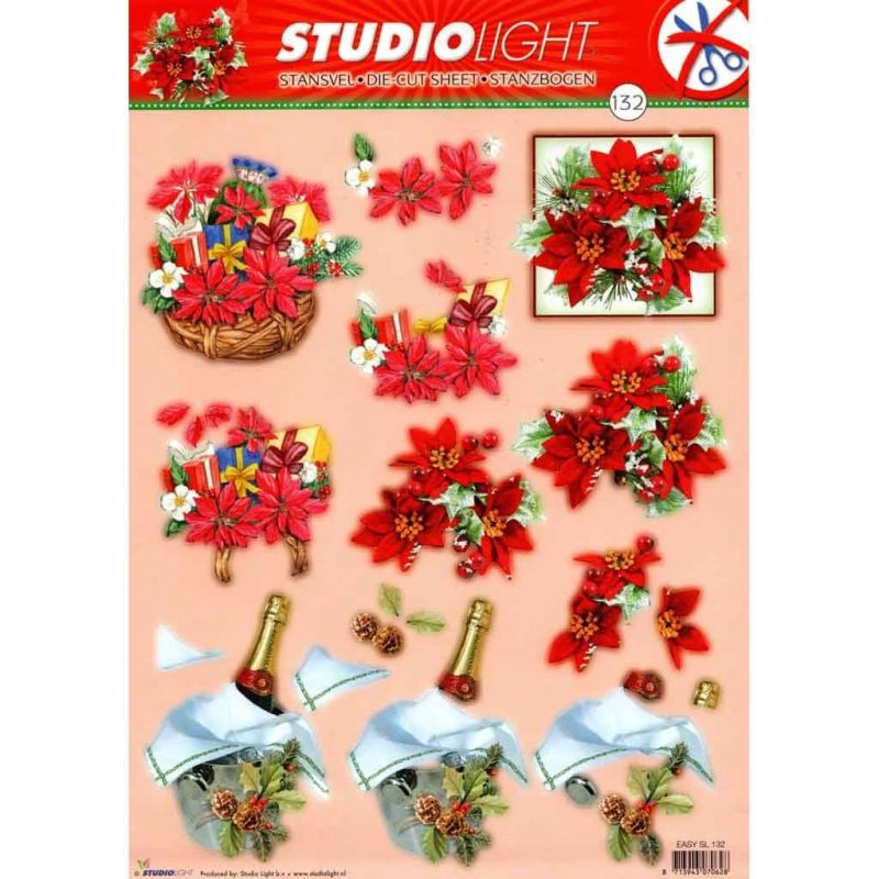 Christmas Poinsettia Basket & Champagne Die Cut 3d Decoupage Craft Sheet