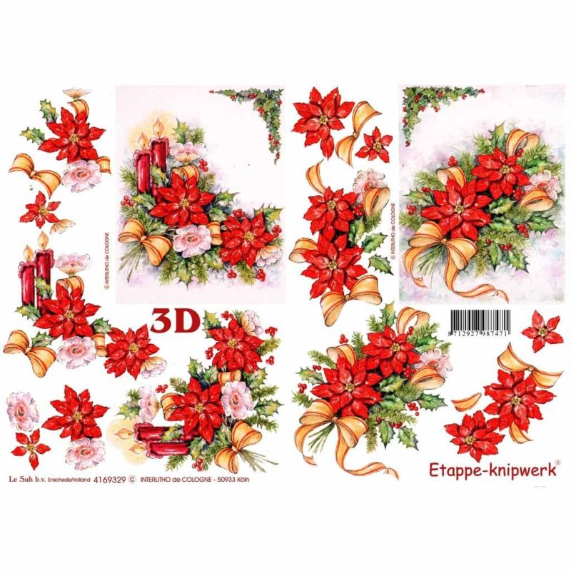 Christmas Poinsettia Flowers With Candles & Ribbons 3d Decoupage Sheet