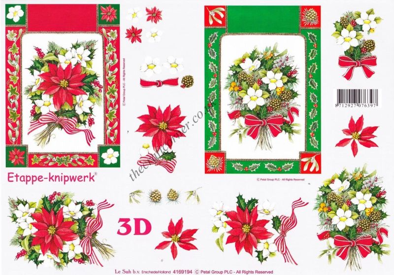 Christmas Poinsettia & Rose Floral Designs 3d Decoupage Sheet