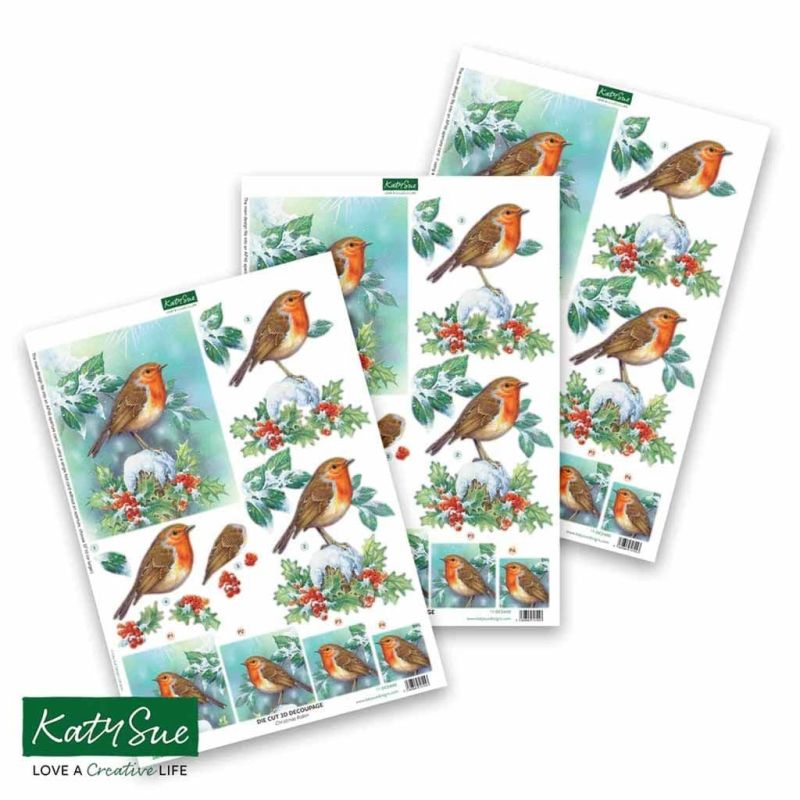 Christmas Robin 3pk Die Cut 3d Decoupage Craft Sheets by Katy Sue