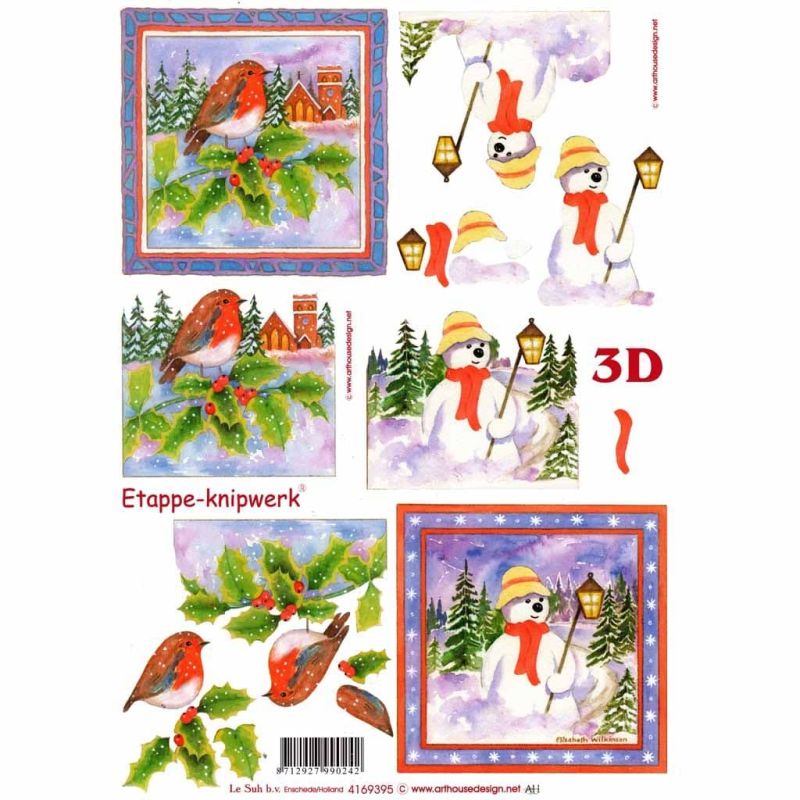 Christmas Robins & Snowman Designs 3d Decoupage Craft Sheet from Le Suh