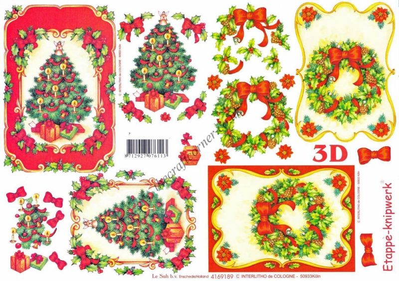 Christmas Tree & Holly Wreath Designs 3d Decoupage Sheet