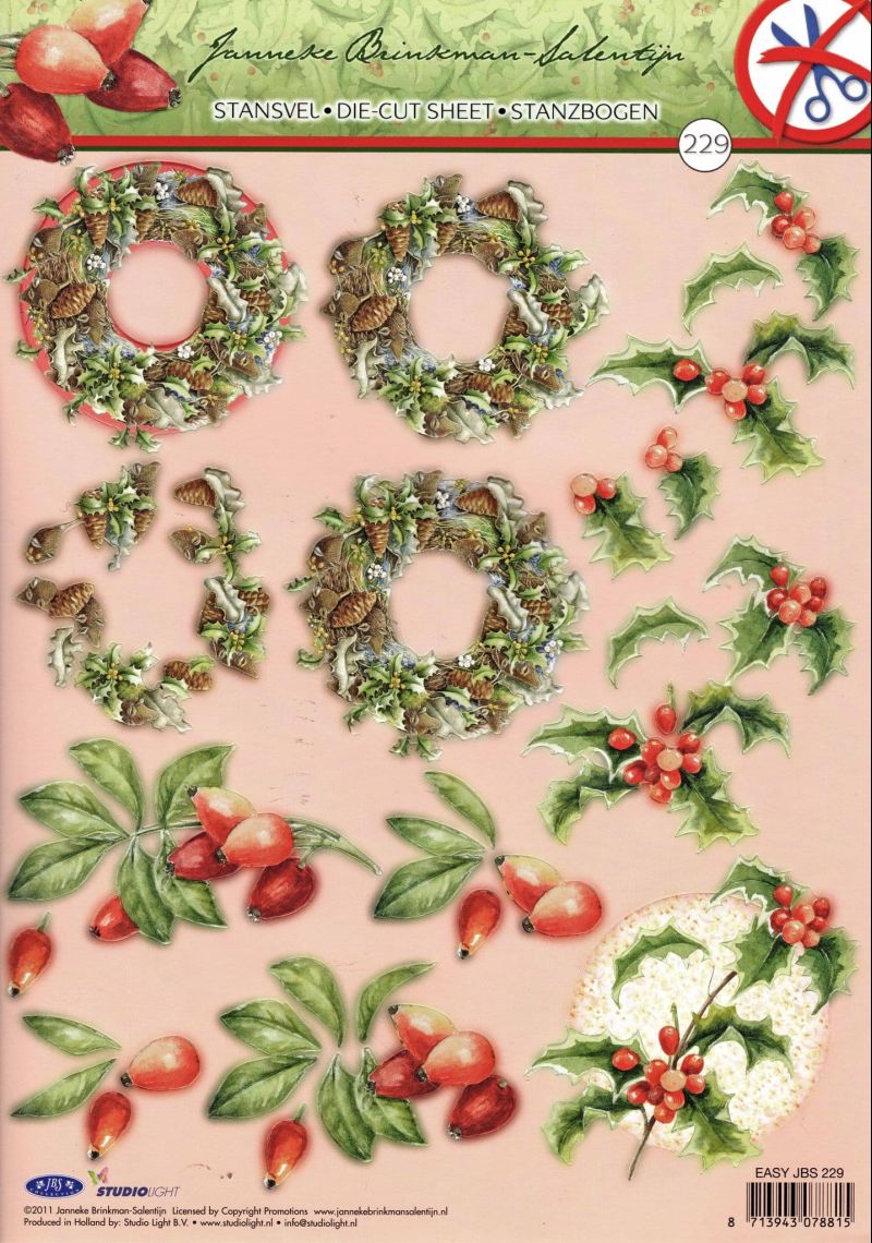 Christmas Wreath & Winter Berries Designs Die Cut 3d Decoupage Sheet - NO CUTTING