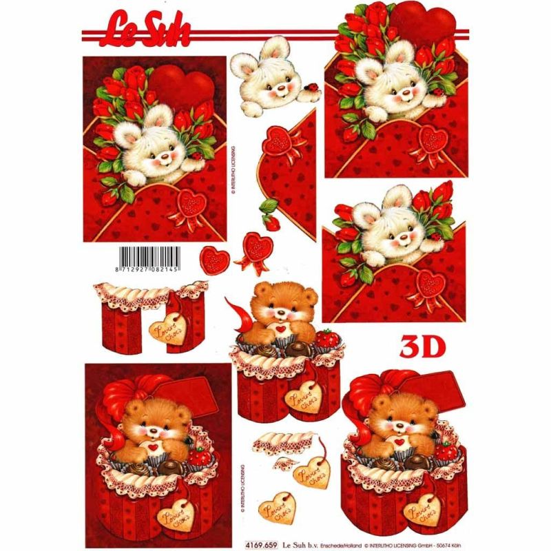 Cute Its For You Teddy Bears with Love Hearts 3d Decoupage Craft Sheet