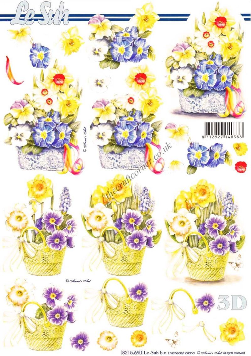 Daffodil, Primrose & Pansy Arrangements 3d Decoupage Sheet