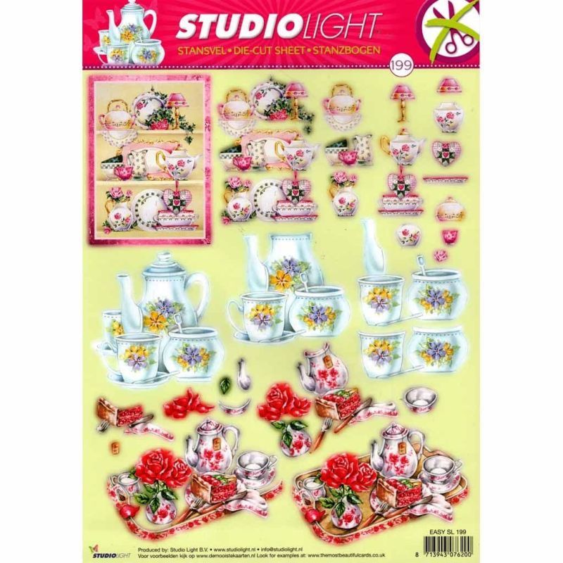 Delicate Tea Sets & Flowers 3D Decoupage Die Cut Sheet - No Cutting Required