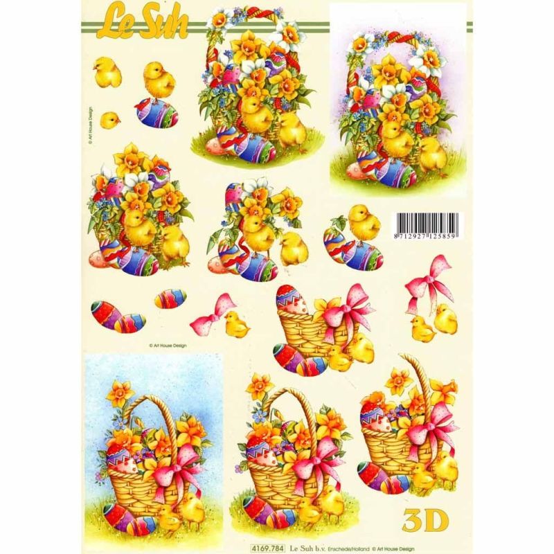 Easter Baskets With Chicks, Daffodils & Decorated Eggs 3d Decoupage Craft Sheet from Le Suh