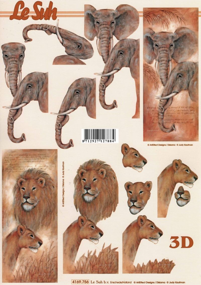 Elephant & Lions Wild Animal Paper Crafting 3d Decoupage Sheet