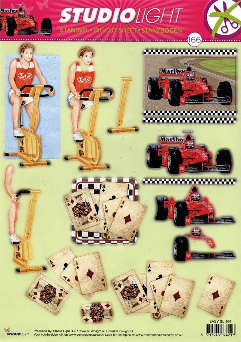 Exercise, Motor Racing & Cards Designs Die Cut 3d Decoupage Sheet - NO CUTTING