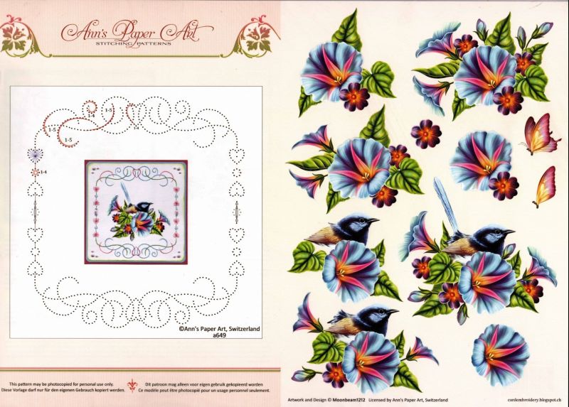 Flower Border Embroidery On Paper with Blue Bird and Flowers 3d Decoupage Sheet