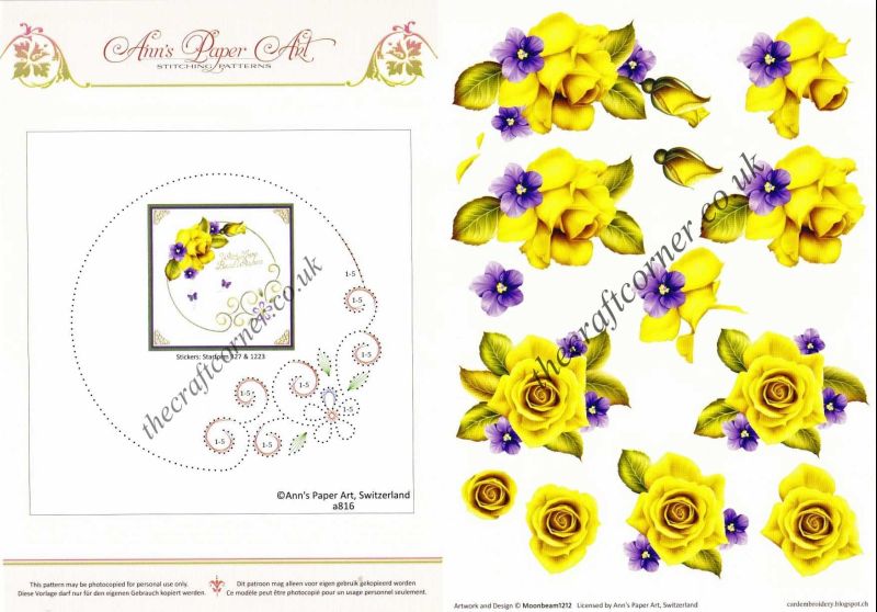 Flower Border Embroidery On Paper with Yellow Rose Flowers 3d Decoupage Sheet