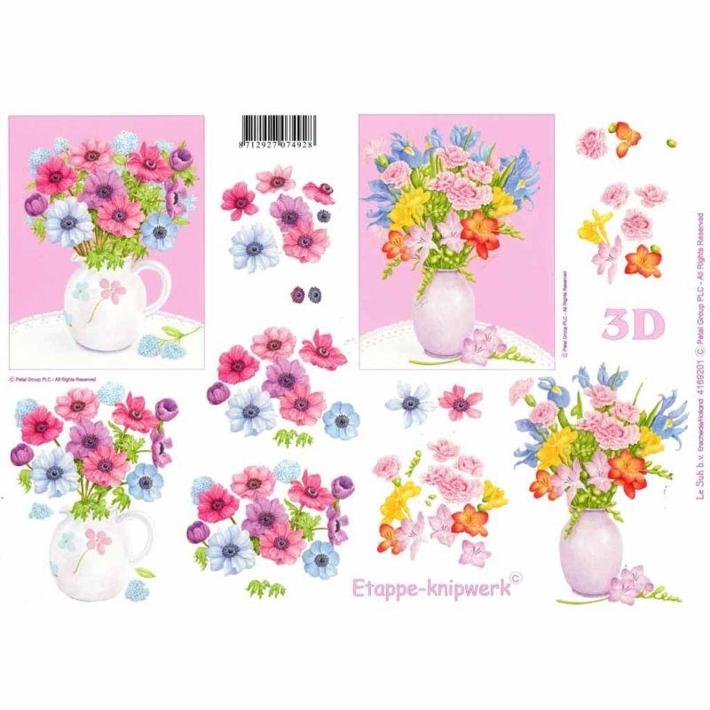 Flower Bouquets In Vases 3d Decoupage Paper Craft Sheet