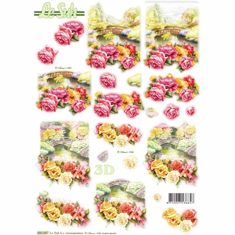 Flowers & Bridges Die Cut 3d Decoupage Sheet From Le Suh - NO CUTTING