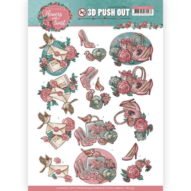 Flowers with Shoes, Handbag and Birds Die Cut 3d Decoupage Sheet