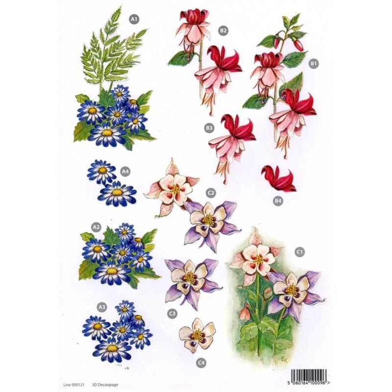 Fuchsia, Blue Daisy & Aquilegia Flowers 10 Die Cut 3d Decoupage Sheet