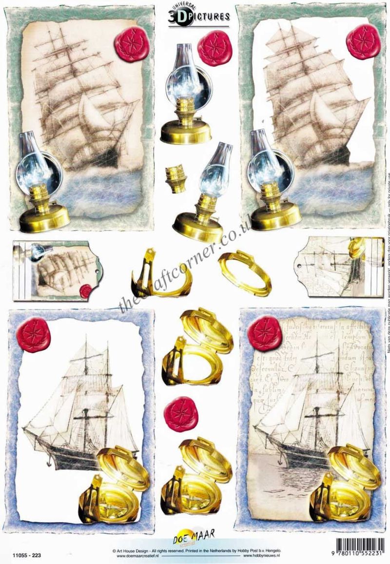 Galleon Ships, Compass & Lantern 3d Decoupage Sheet