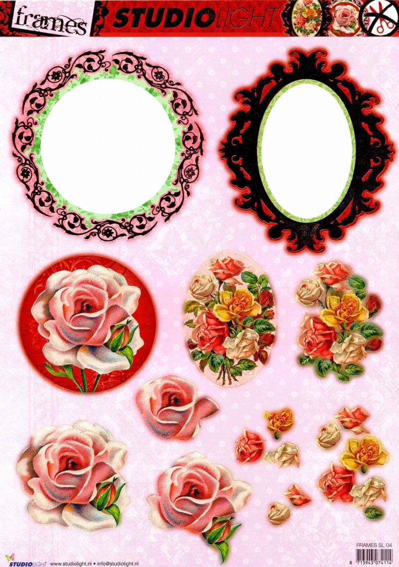 Gold Foiled Rose Frames Die Cut 3d Decoupage Sheet - No Cutting #04