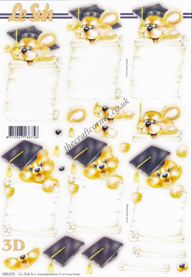 Graduation Teddy Bear Die Cut 3d Decoupage Craft Sheet