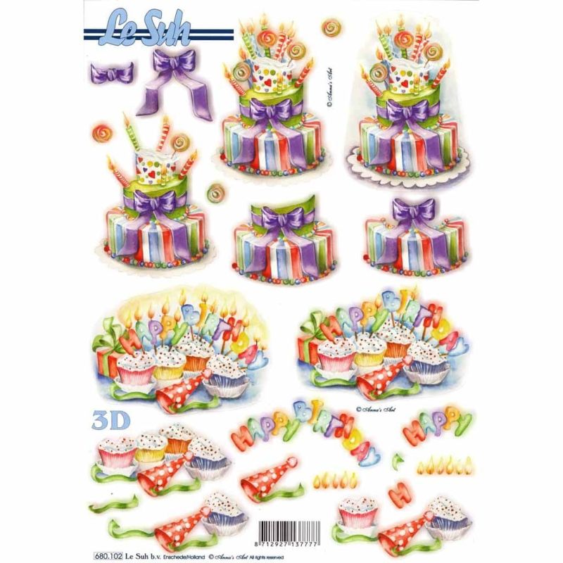 Happy Birthday Cake Die Cut 3d Decoupage Sheet From Le Suh - NO CUTTING