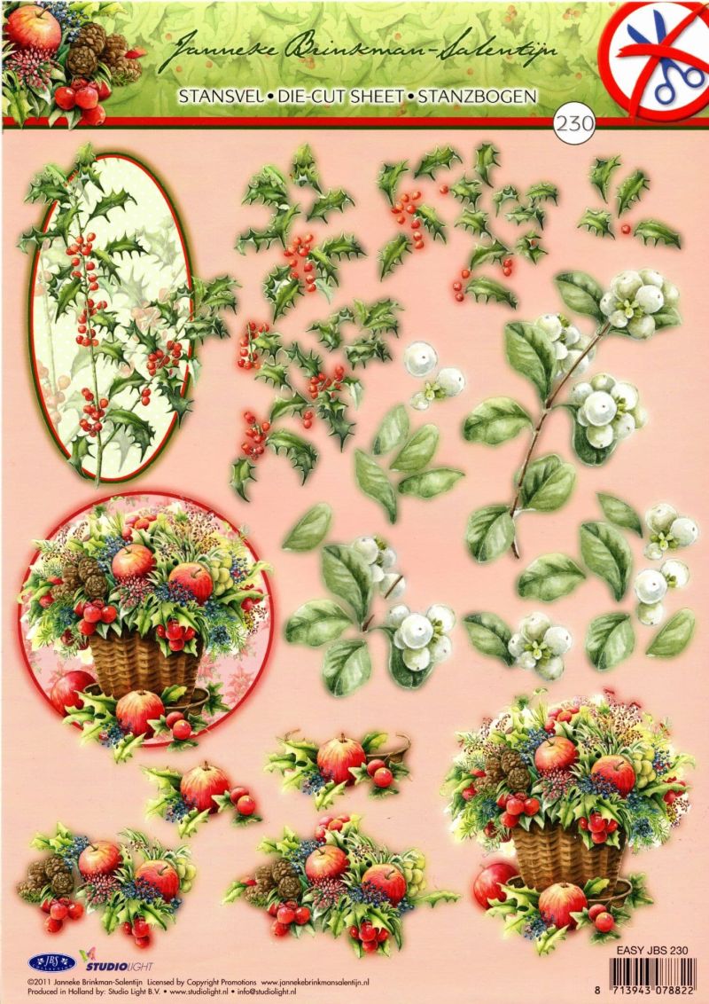 Holly, Mistletoe and Fruits 3D Decoupage Die Cut Sheet - No Cutting Required