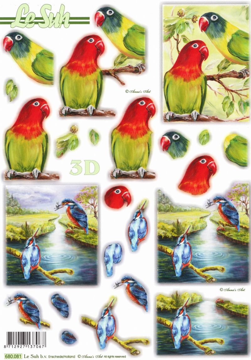 Kingfisher & Parrot Designs Die Cut 3d Decoupage Sheet From Le Suh - NO CUTTING