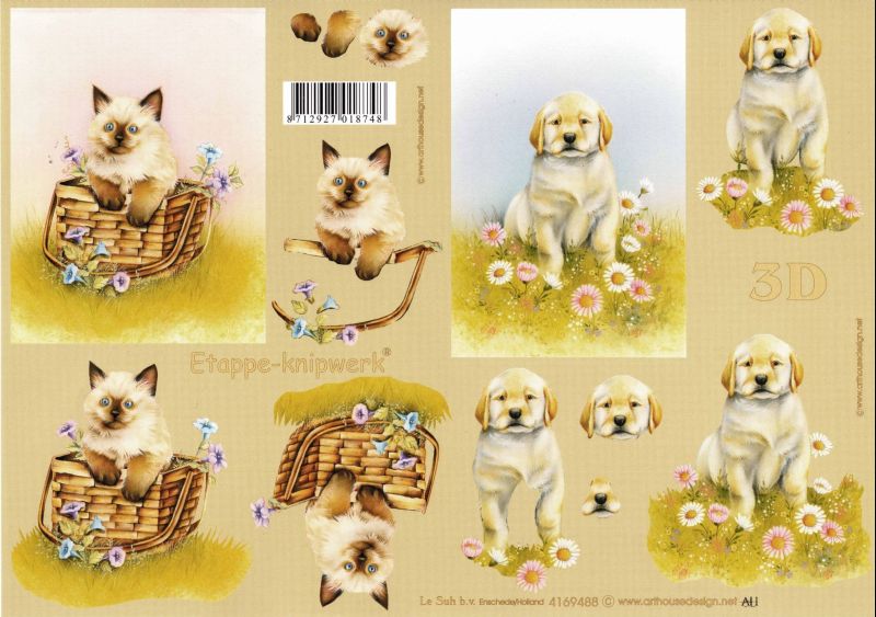 Kitten & Puppy with Flowers 3d Decoupage Sheet