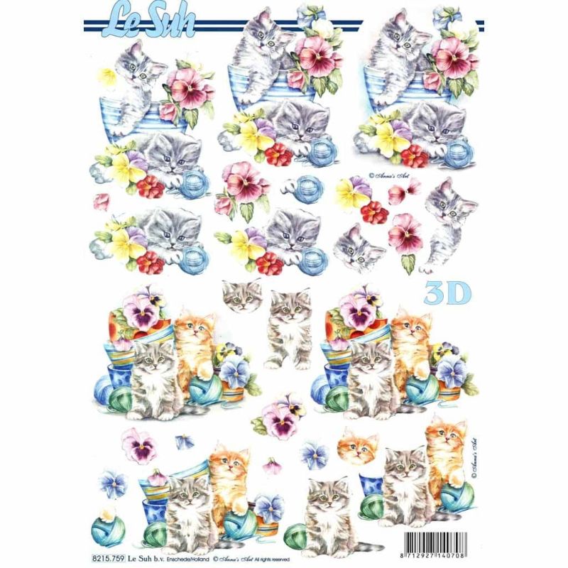 Kittens & Garden Pots of Pansy Flowers 3D Decoupage Sheet From Le Suh