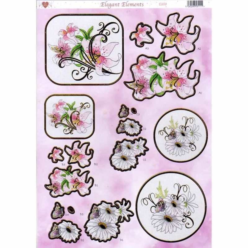 Lily & Daisy Elegant Elements Gold Foiled Die Cut 3d Decoupage Sheet From Craft UK Ltd