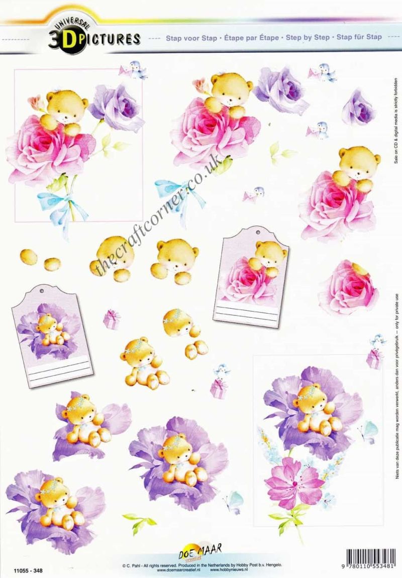 Little Teddy Bear With Pretty Pink & Purple Flowers 3d Decoupage Sheet