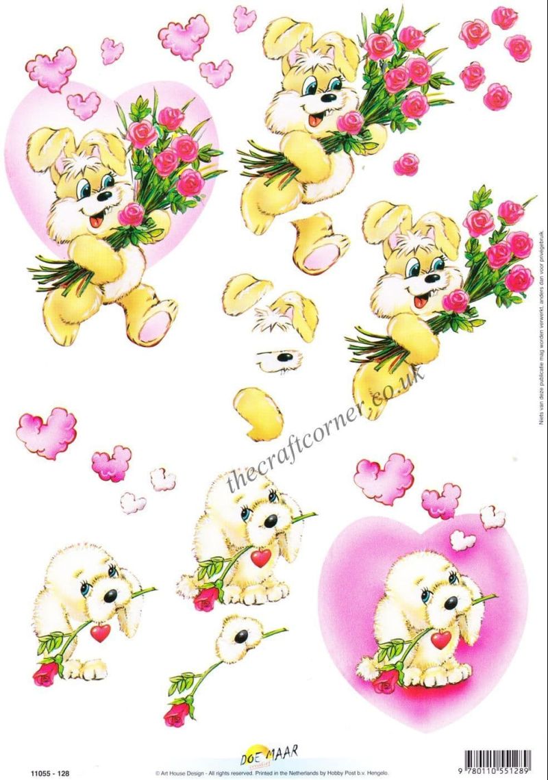 Love Heart Bunny & Puppy 3d Decoupage Craft Sheet