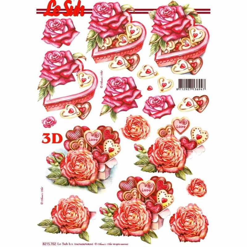 Love Heart Chocolates & Roses 3d Decoupage Paper Craft Sheet