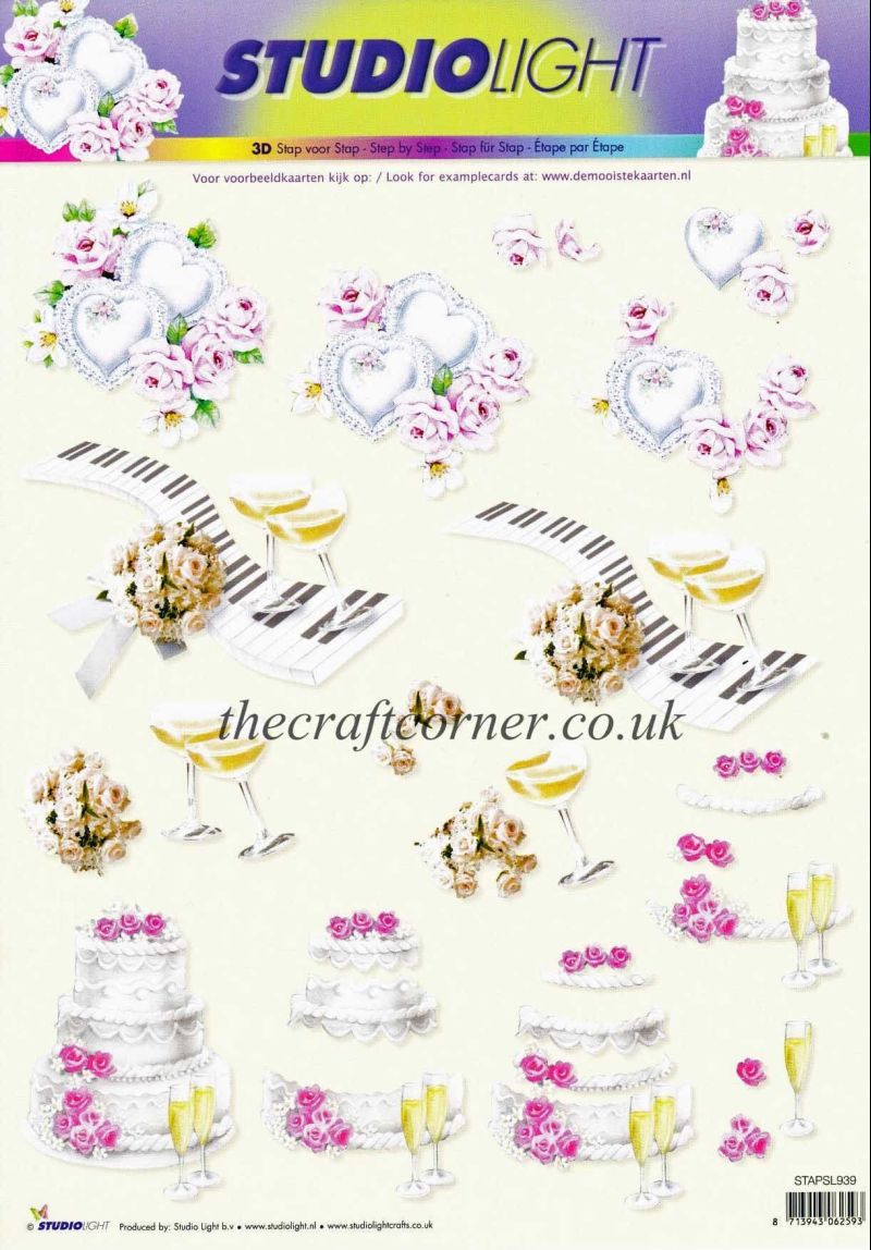 Love Hearts, Champagne Flutes and Wedding Cake Designs 3d Decoupage Sheet