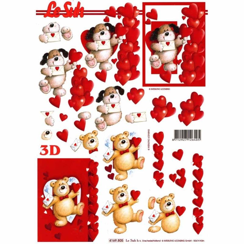 Love Me Too Dog & Teddy Bear Love Heart 3d Decoupage Craft Sheet