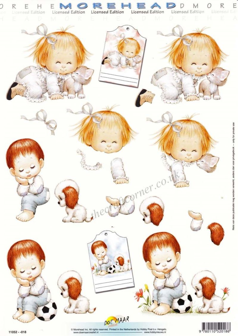 Morehead Cute Little Girl With A Kitten & Little Boy With A Puppy 3D Decoupage Sheet